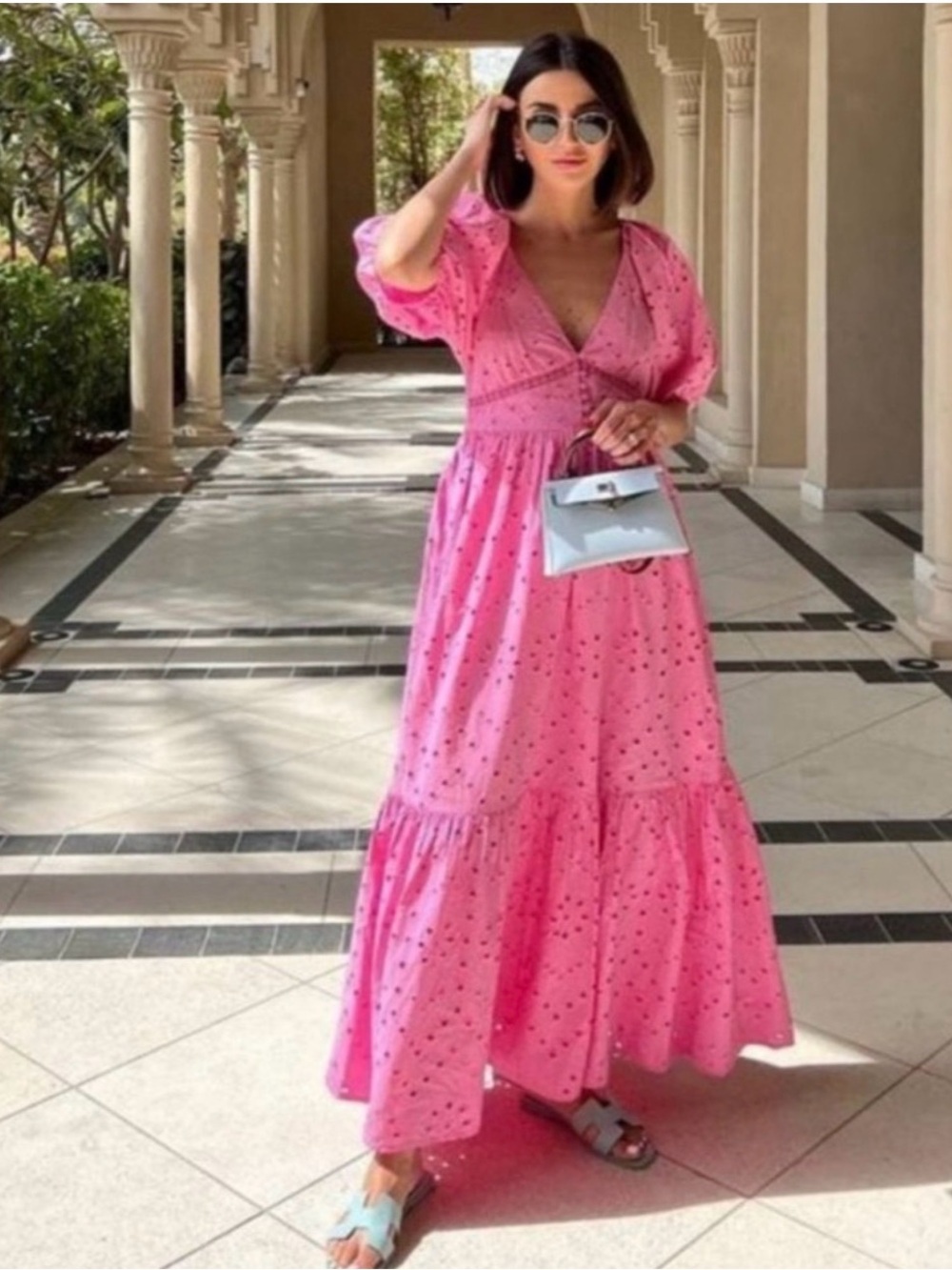 Women's ZARA Pink Openwork Embroidered Eyelet Lace Maxi Tiered Dress Size XS